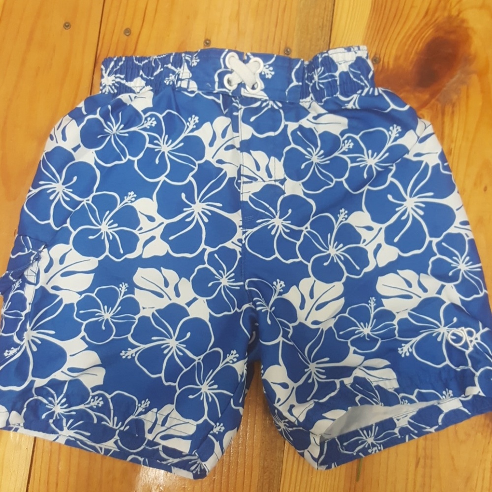 OP blue hibiscus print swim trunks